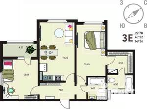 2-к квартира, вторичка, 69м2, 6/18 этаж