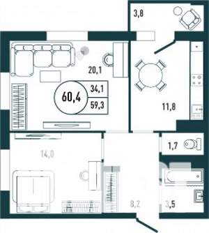 2-к квартира, строящийся дом, 60м2, 10/25 этаж