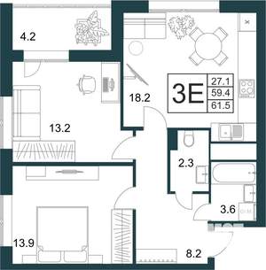 2-к квартира, строящийся дом, 62м2, 2/21 этаж