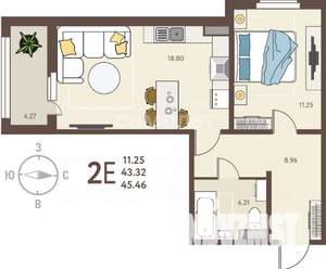 2-к квартира, сданный дом, 45м2, 4/18 этаж