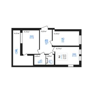2-к квартира, строящийся дом, 71м2, 7/7 этаж