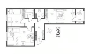 2-к квартира, строящийся дом, 62м2, 11/17 этаж