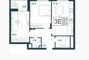 3-к квартира, вторичка, 61м2, 21/21 этаж