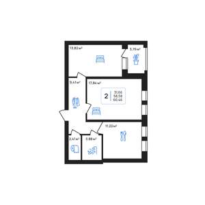 2-к квартира, строящийся дом, 60м2, 5/7 этаж
