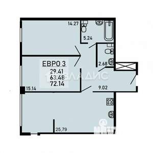 3-к квартира, вторичка, 72м2, 9/25 этаж