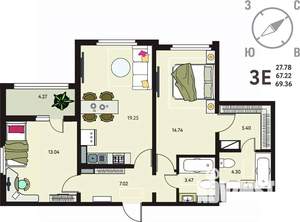 2-к квартира, вторичка, 69м2, 3/18 этаж