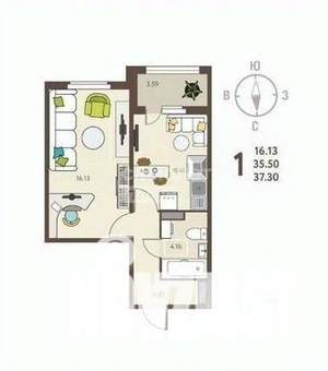 1-к квартира, вторичка, 37м2, 17/18 этаж