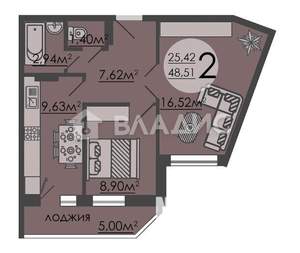 2-к квартира, вторичка, 46м2, 16/20 этаж