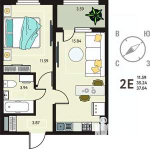1-к квартира, сданный дом, 37м2, 15/18 этаж