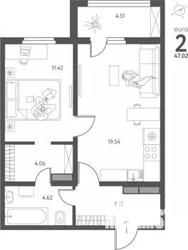 1-к квартира, сданный дом, 47м2, 12/17 этаж