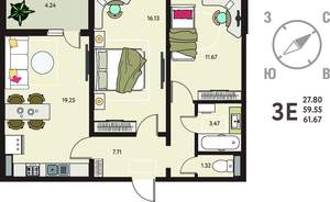 2-к квартира, сданный дом, 62м2, 15/18 этаж