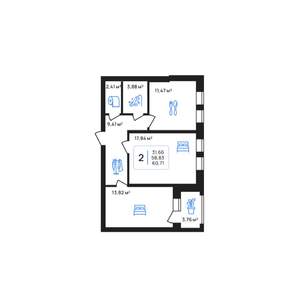 2-к квартира, строящийся дом, 61м2, 4/8 этаж