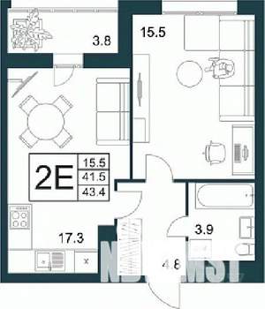 1-к квартира, строящийся дом, 43м2, 15/21 этаж