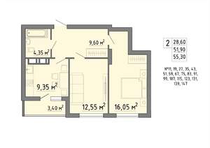 2-к квартира, строящийся дом, 55м2, 11/19 этаж