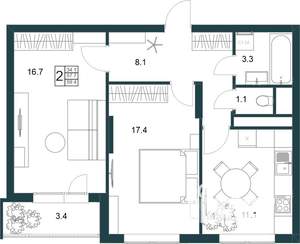 2-к квартира, строящийся дом, 59м2, 19/19 этаж