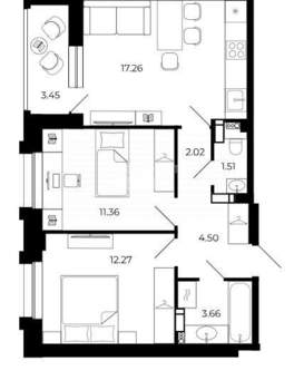 2-к квартира, строящийся дом, 56м2, 11/17 этаж