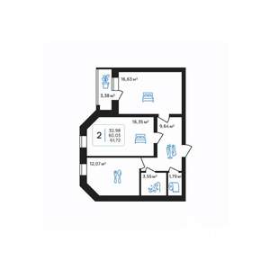 2-к квартира, строящийся дом, 62м2, 2/8 этаж