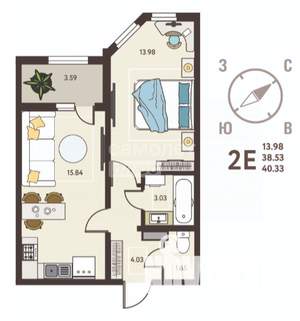 1-к квартира, вторичка, 40м2, 1/18 этаж