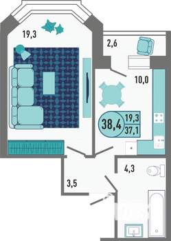 1-к квартира, строящийся дом, 38м2, 13/18 этаж