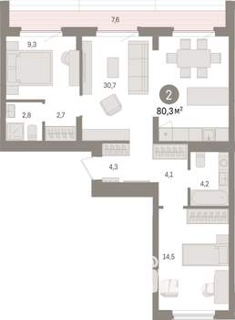 2-к квартира, строящийся дом, 80м2, 8/25 этаж