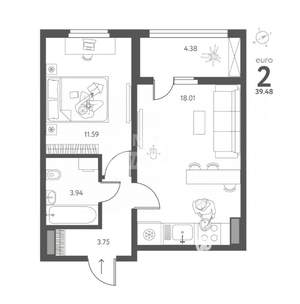1-к квартира, вторичка, 37м2, 9/18 этаж