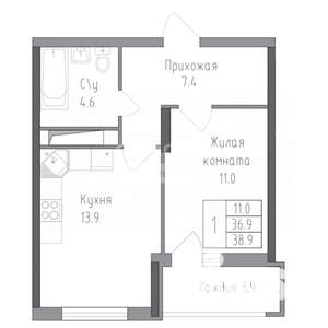1-к квартира, вторичка, 39м2, 6/19 этаж