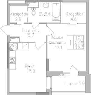 1-к квартира, строящийся дом, 55м2, 16/19 этаж