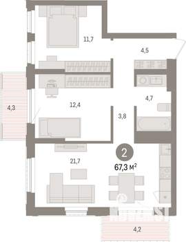 2-к квартира, строящийся дом, 67м2, 10/25 этаж