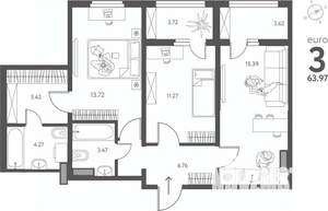 2-к квартира, сданный дом, 64м2, 3/17 этаж