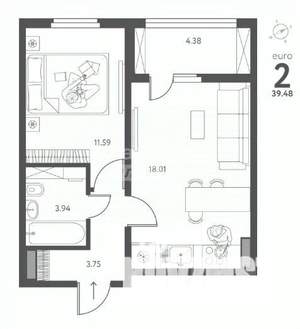 1-к квартира, вторичка, 39м2, 7/17 этаж