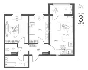 2-к квартира, вторичка, 61м2, 9/17 этаж